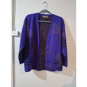 Camela Vintage Purple 100% Wool Abstract Intarsia Button Cardigan Sweater 38